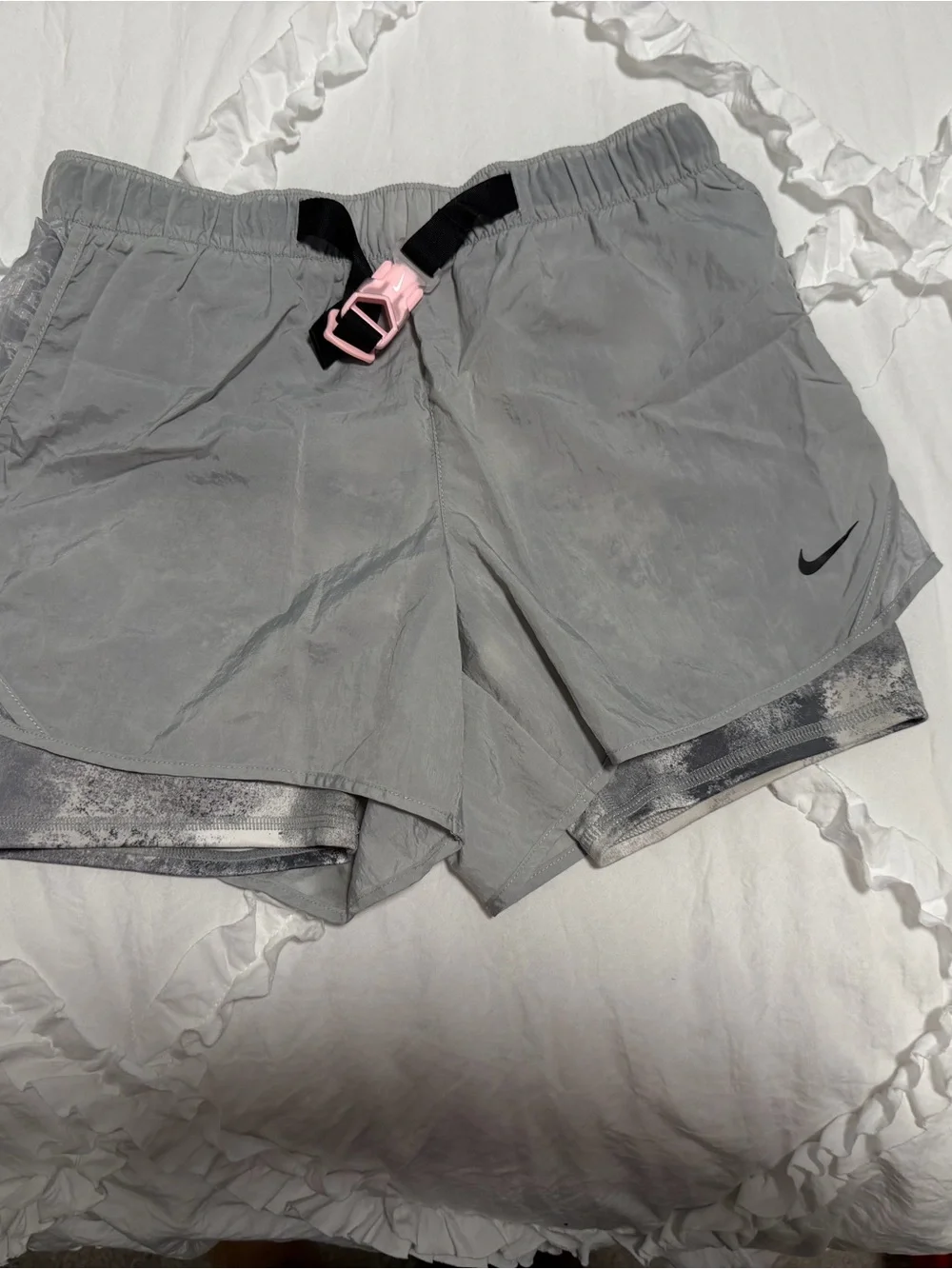 Girls Nike Tempo Light Gray Athletic Shorts with Pink Buckle XL